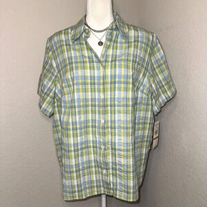 Alfred Dunner Women's 16W Blue Green Plaid Cotton Short Sleeve Button-Up NWT
